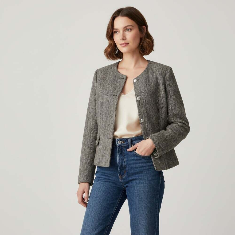 RIHOAS NWT Herringbone Collarless Cropped Blazer Sz L Gray Tweed Light Academia